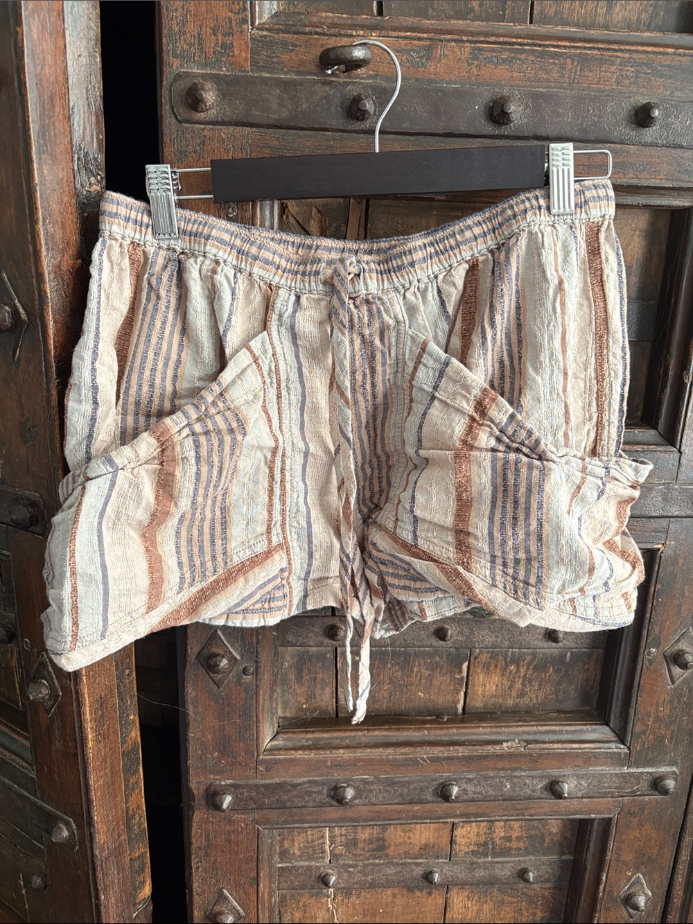 Free People Striped Drawstring Linen-Blend Shorts in Neutral, Blue & Brown